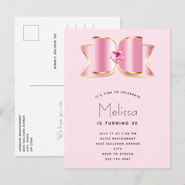 Pink Glam Bow with a Centre Gemstone Birthday Invitation Postcard (Front/Back)