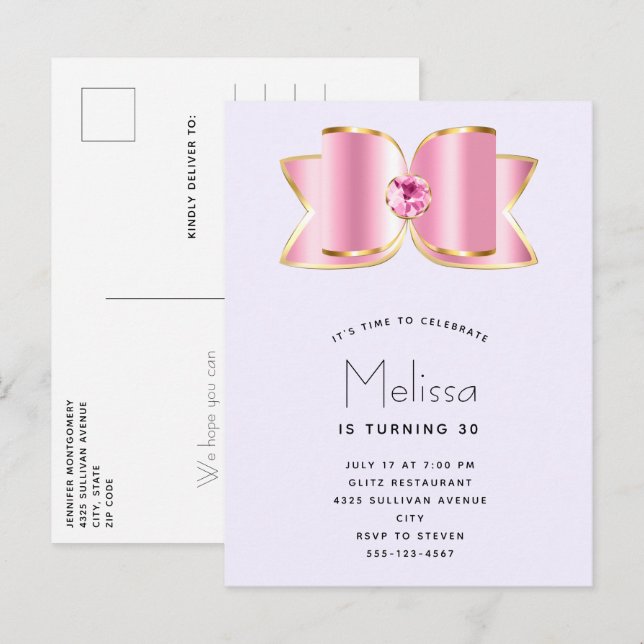 Pink Glam Bow with a Centre Gemstone Birthday Invitation Postcard (Front/Back)