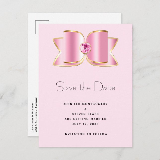 Pink Glam Bow with a Centre Gemstone Save the Date Invitation Postcard (Front/Back)