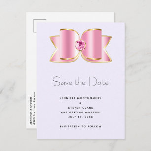 Pink Glam Bow with a Centre Gemstone Save the Date Invitation Postcard