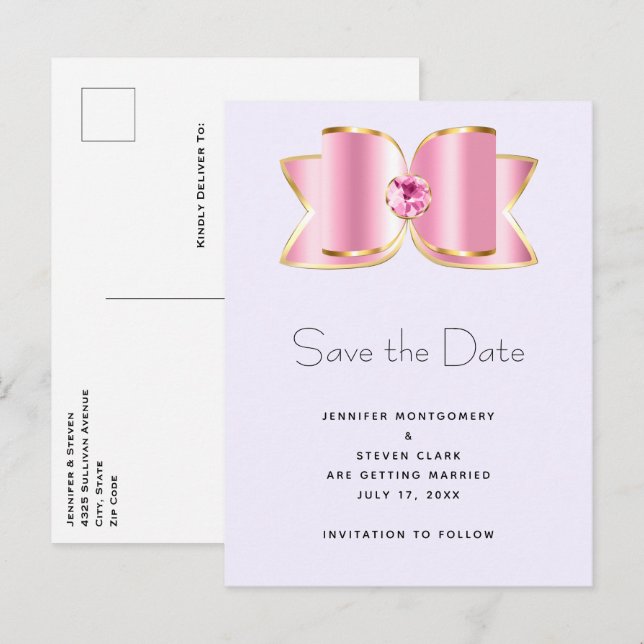 Pink Glam Bow with a Centre Gemstone Save the Date Invitation Postcard (Front/Back)