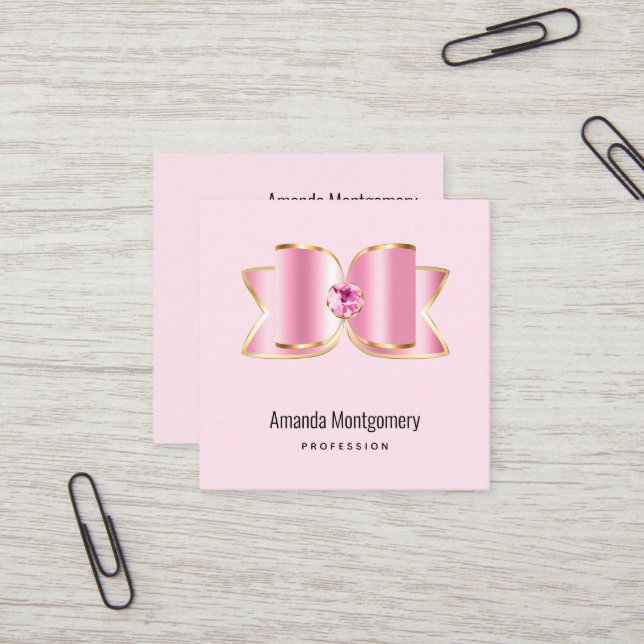 Pink Glam Bow with a Centre Gemstone Square Business Card (Front/Back In Situ)