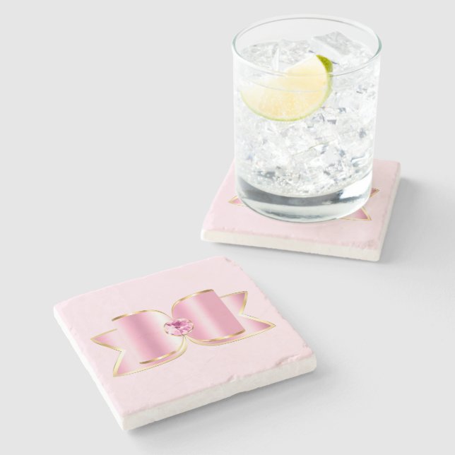 Pink Glam Bow with a Centre Gemstone Stone Coaster (Side)