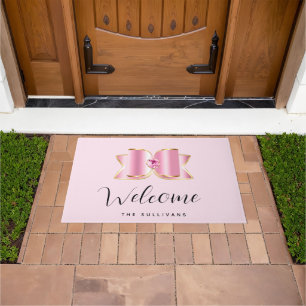 Pink Glam Bow with a Centre Gemstone Welcome Doormat