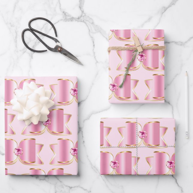 Pink Glam Bow with a Centre Gemstone Wrapping Paper Sheet (Front)