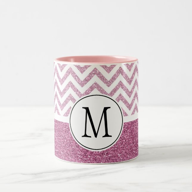 Pink Glam Faux Glitter Chevron Two-Tone Coffee Mug (Center)
