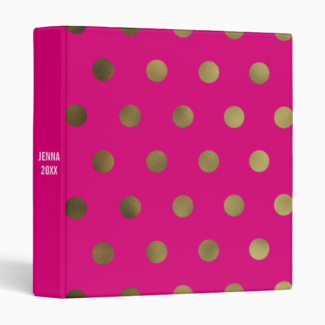 Pink Glam Faux Gold Polka Dot Custom 3 Ring Binder (Front/Spine)