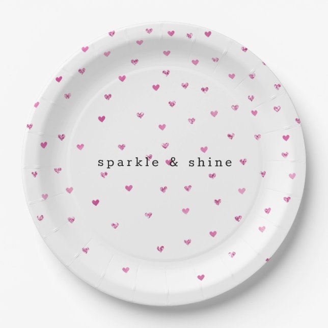 Pink Glam Glitter Hearts Paper Plate (Front)