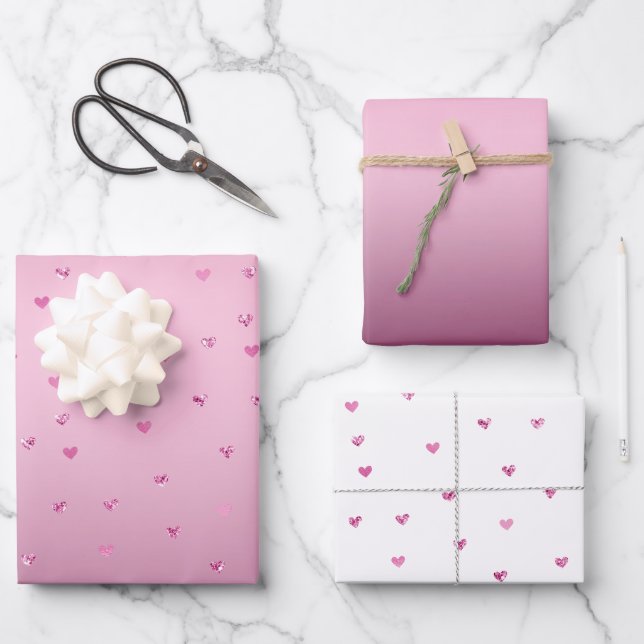 Pink Glam Glitter Hearts Wrapping Paper Sheet (Front)