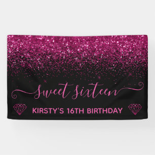 Pink Glam Glitter on Black Sweet 16 Banner