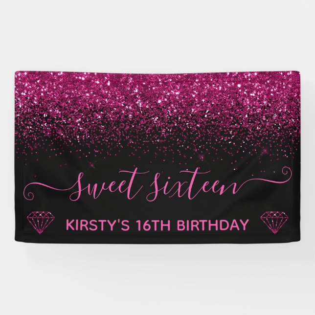 Pink Glam Glitter on Black Sweet 16 Banner (Horizontal)