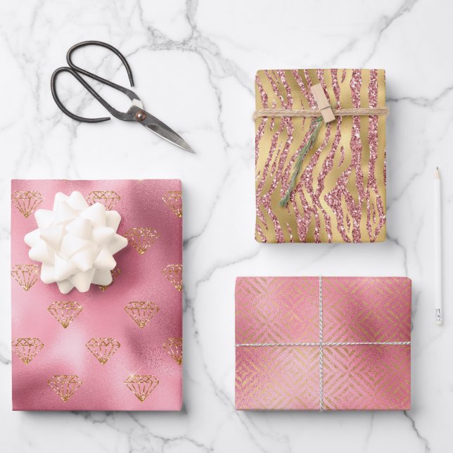 Pink Glam Gold Diamonds Wrapping Paper Sheet (Front)