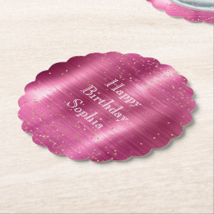 Pink Glam Gold Sparkle Confetti Birthday Paper Coaster