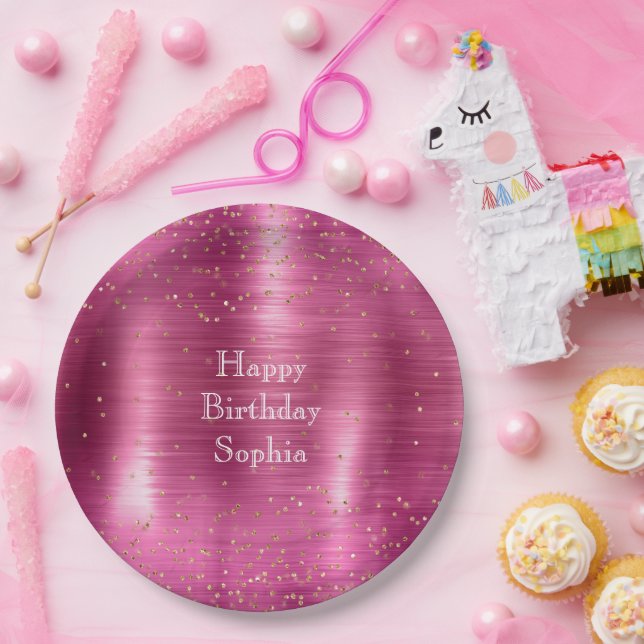 Pink Glam Gold Sparkle Confetti Birthday Paper Plate (Party)