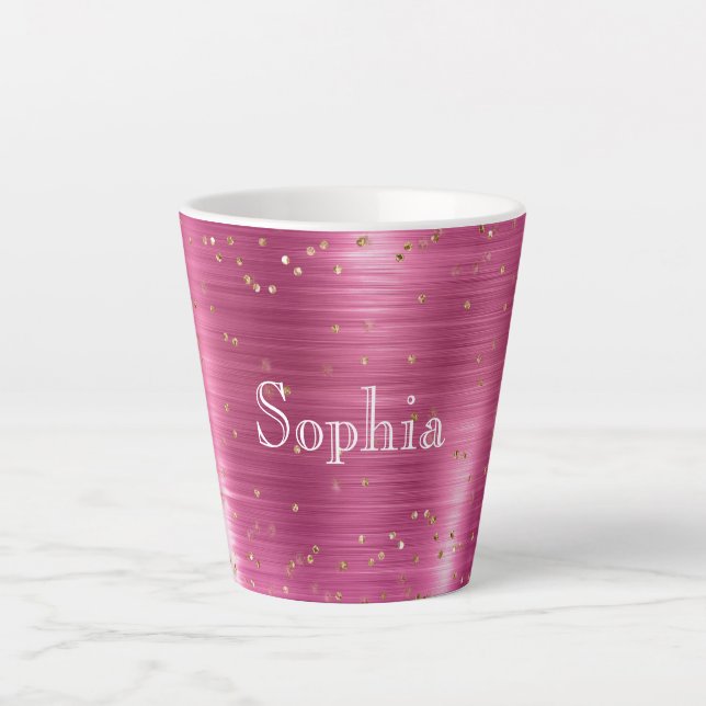 Pink Glam Gold Sparkle Confetti Personalized Latte Mug (Front)