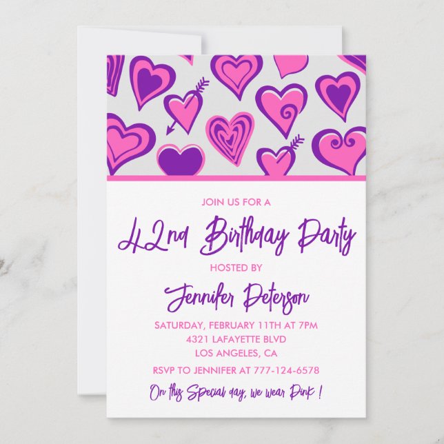 Pink Glam Heart Pattern 42nd birthday invitations  (Front)
