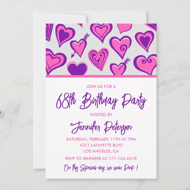 Pink Glam Heart Pattern 68th birthday invitations  (Front)