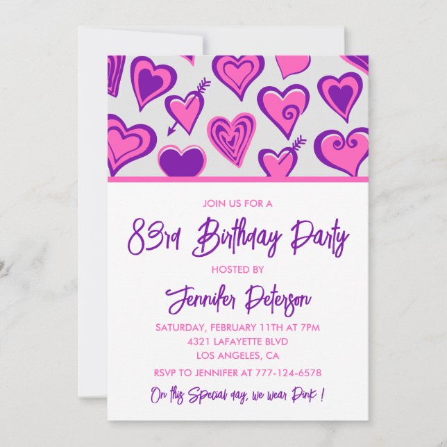 Pink Glam Heart Pattern 83rd birthday invitations  (Front)