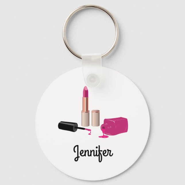 Pink Glam Lipstick & Nail Polish Beauty Themed Keychain (Front)