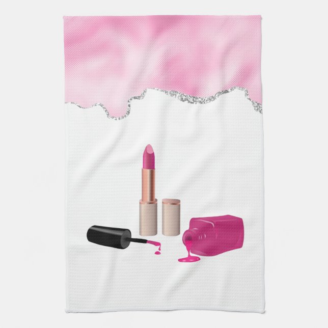 Pink Glam Lipstick & Nail Polish Beauty Themed Kitchen Towel (Vertical)