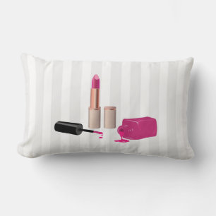 Pink Glam Lipstick & Nail Polish Beauty Themed Lumbar Pillow