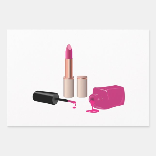 Pink Glam Lipstick & Nail Polish Beauty Themed Wrapping Paper Sheet (Front)