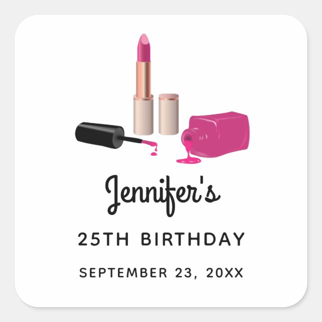 Pink Glam Lipstick & Nail Polish Birthday  Square Sticker (Front)