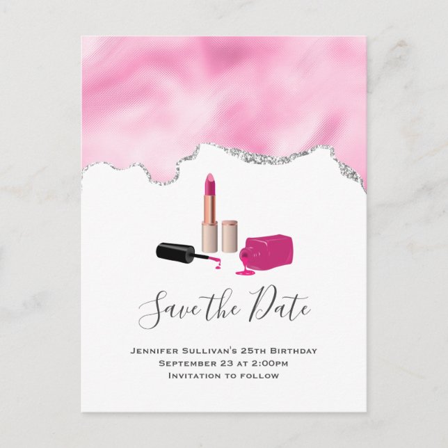 Pink Glam Lipstick & Nail Polish Save the Date Invitation Postcard (Front)
