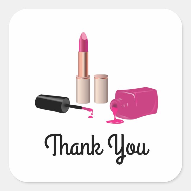 Pink Glam Lipstick & Nail Polish Thank You Square Sticker (Front)