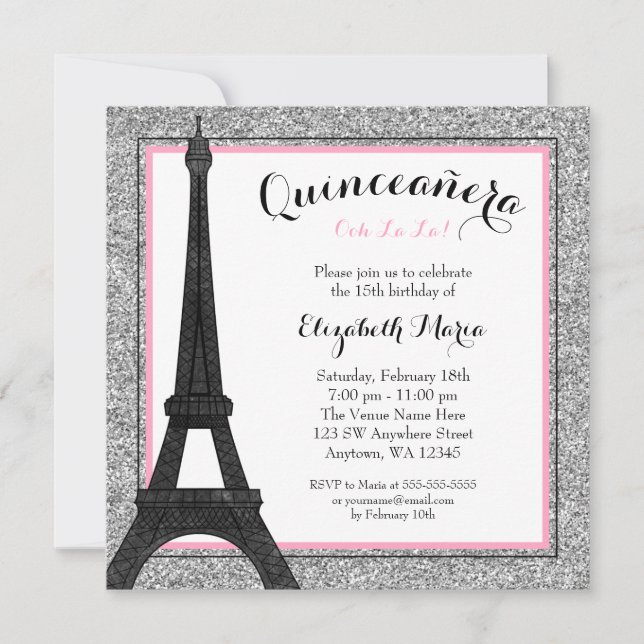 Pink Glam Paris Faux Silver Glitter Quinceanera Invitation (Front)