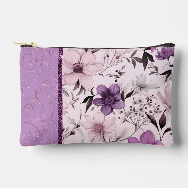 Pink glam sparkle floral pattern accessory pouch (Front)