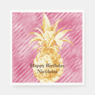 Pink Glam Stripes Gold Tropical Pineapple  Napkin