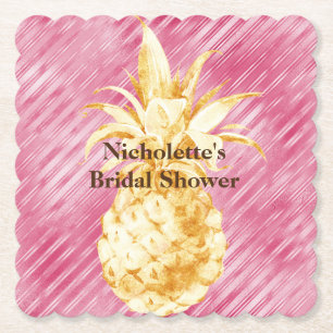 Pink Glam Stripes Gold Tropical Pineapple Paper Coaster