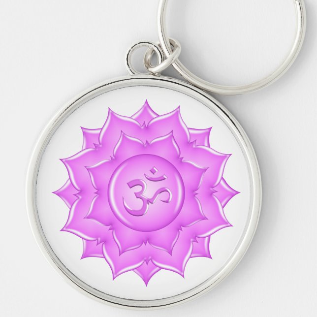 Pink Glass Lotus Flower Om Symbol Drawing Keychain (Front)