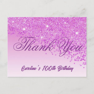 Pink Glitter, 100th Birthday Thank You Postcard