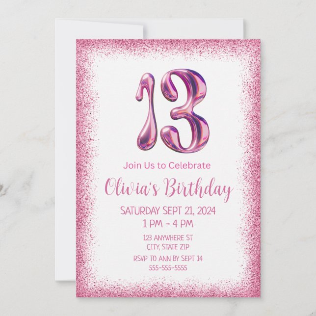 Pink Glitter 13th Birthday Invitation (Front)