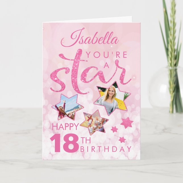 Pink Glitter 18th Birthday Star Photo Collage Card (Front)