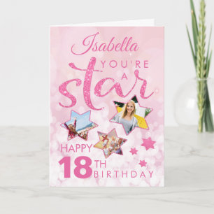 Pink Glitter 18th Birthday Star Photo Collage Card