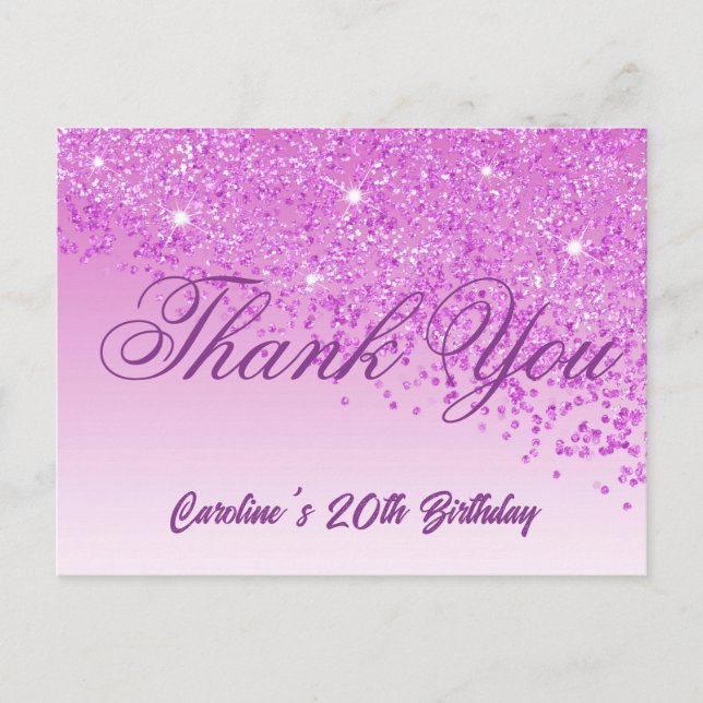 Pink Glitter, 20th Birthday Thank You Postcard (Front)