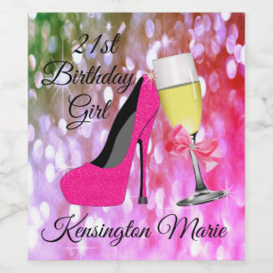 Pink Glitter 21st Birthday Girl Champagne or Wine Label
