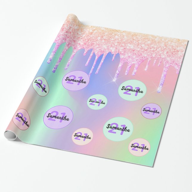 Pink glitter 21st birthday rose gold iridescent wrapping paper (Unrolled)