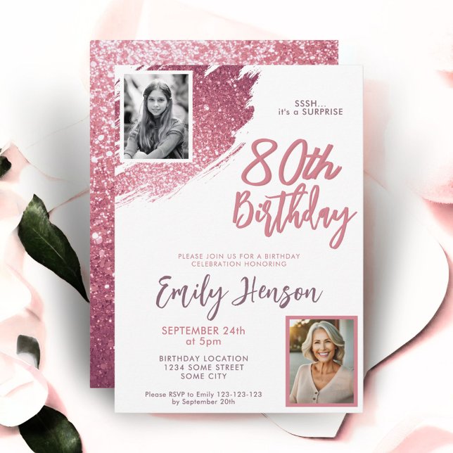 Pink Glitter 2 Photo Surprise 80th Birthday Invitation (Creator Uploaded)