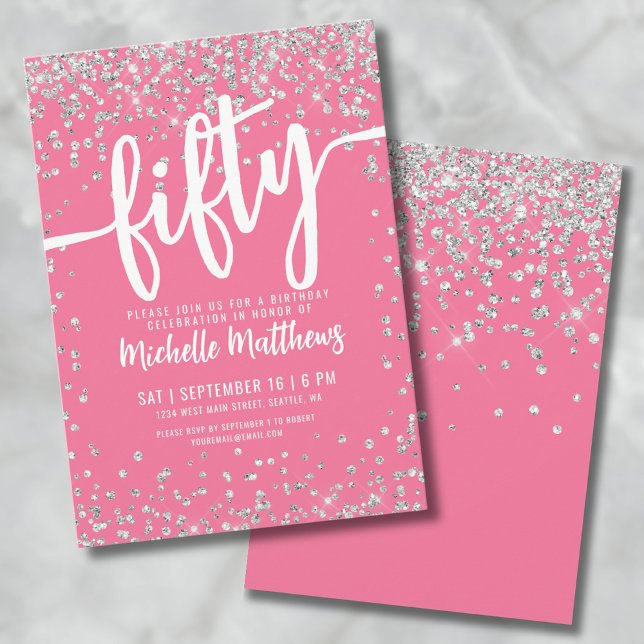 Pink Glitter 50th Birthday Invitation (Pink Glitter 50th Birthday Invitation)