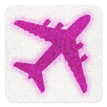 Pink glitter airplane round sticker labels