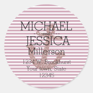 Pink Glitter Anchor Stripes Personalized address Classic Round Sticker