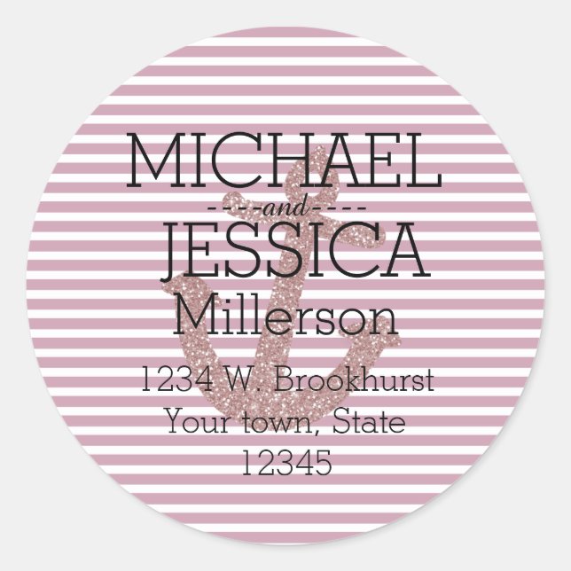 Pink Glitter Anchor Stripes Personalized address Classic Round Sticker (Front)