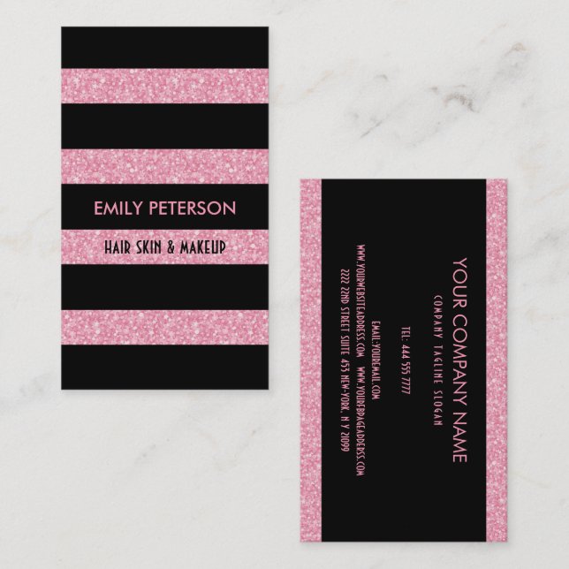 Pink Glitter And Black Stripes Business Card (Front/Back)