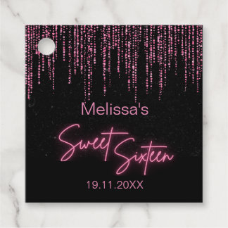 Pink Glitter and Black Sweet 16 Birthday Favour Tags