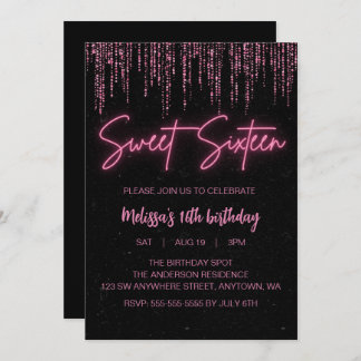 Pink Glitter and Black Sweet 16 Birthday Invitation