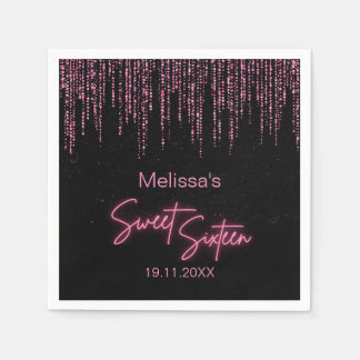 Pink Glitter and Black Sweet 16 Birthday Napkin